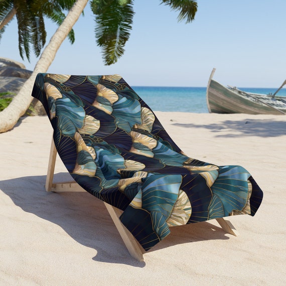Art Deco Seashells Beach Towel Gift for Her Blue Sea Shells Large Pool Towel Beach Ocean Lovers Gift 2 Sizes Beach Towels Blue Gold Accents