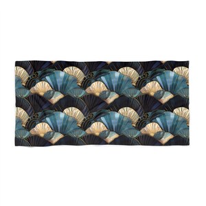 Art Deco Seashells Beach Towel Gift for Her Blue Sea Shells Large Pool Towel Beach Ocean Lovers Gift 2 Sizes Beach Towels Blue Gold Accents image 2