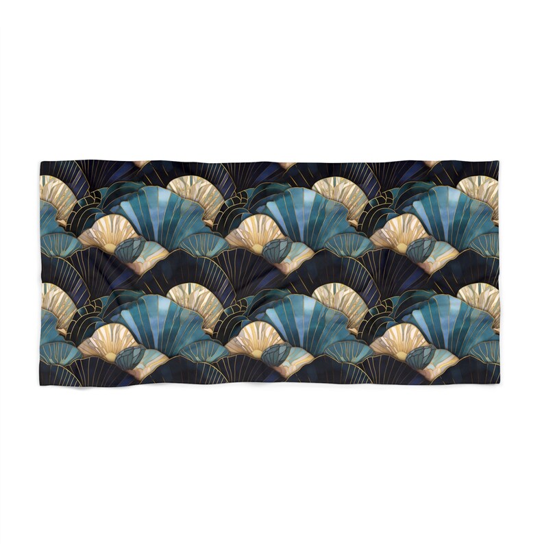 Art Deco Seashells Beach Towel Gift for Her Blue Sea Shells Large Pool Towel Beach Ocean Lovers Gift 2 Sizes Beach Towels Blue Gold Accents image 2