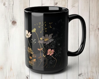 Cosmos Flowers Mug Gift for Her October Birth Month Flower 15oz Black Ceramic Mug Coffee Lovers Gift Whimsical Dark Floral Tea Lovers Mug