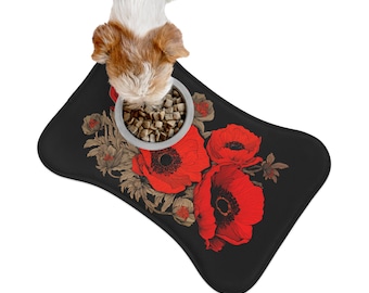 Red Poppy Pet Feeding Mat Bone Shaped Dog Feeding Mat Fish Shape Cat Feeding Mat Pet Lover Gift Dog Lover Gift Cat Lover Gift Bright Poppies