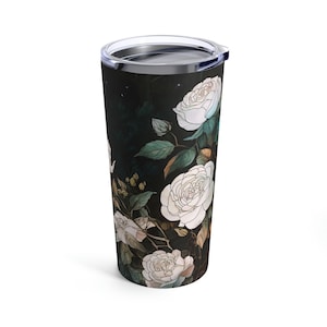 Wild Rose Botanical 20oz Tumbler Gift June Birth Month Flower White Rose Watercolor Insulated Tumbler Dark Floral Art Whimsical Wildflowers