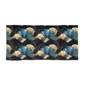 Art Deco Seashells Beach Towel Gift for Her Blue Sea Shells Large Pool Towel Beach Ocean Lovers Gift 2 Sizes Beach Towels Blue Gold Accents image 4