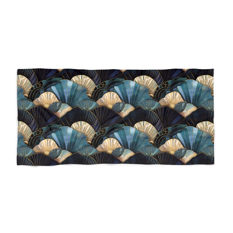 Art Deco Seashells Beach Towel Gift for Her Blue Sea Shells Large Pool Towel Beach Ocean Lovers Gift 2 Sizes Beach Towels Blue Gold Accents image 4