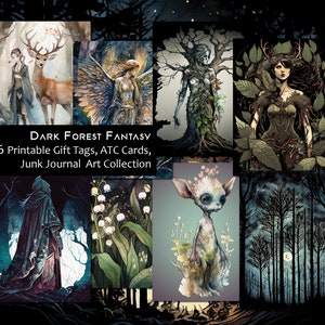 Cartes ATC imprimables Dark Forest Fantasy étiquettes pour cadeaux Elfes noirs magiques Fairycore Florals Scrapbooking Téléchargement numérique Junk Journal éphémères