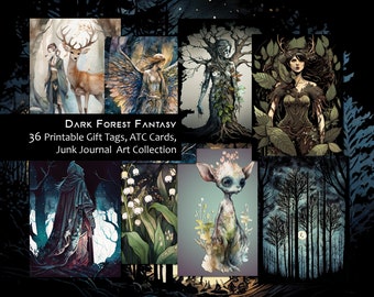 Printable ATC Cards Dark Forest Fantasy Gift Tags Magical Dark Elf Fairycore Florals Scrapbooking Digital Download Junk Journal Ephemera