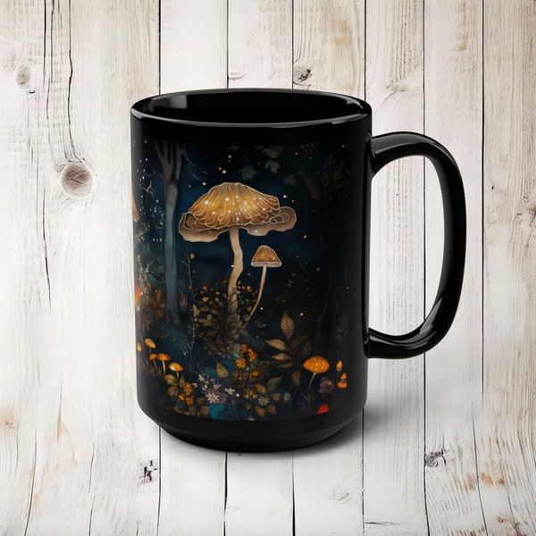 Enchanted Forest Mushrooms Mug Gift for Her 15oz Black Ceramic Mug Magical Fairycore Fall Woodlands Aesthetics Fantasy Mushroom Coffee Mug