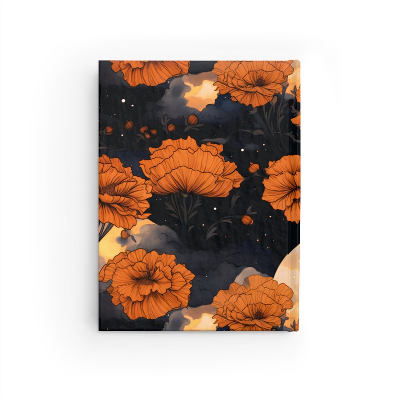 Marigold Hard Cover Journal Gift for Her October Birth Month Flower Dream Diary Gift Magical Moon Marigold Fall Floral Starry Night Sky 5x7" image 3