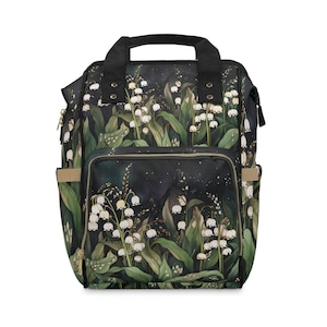 Grand sac à dos fleurs de muguet, cadeau pour elle, mois de naissance, sac à dos de voyage avec fleurs, sac à dos d'école pour femme, botanique foncé, fantaisiste