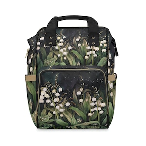 Lily of the Valley Flowers Large Backpack Gift for Her May Birth Month Flower Travel Backpack Women School Backpack Whimsical Dark Botanical