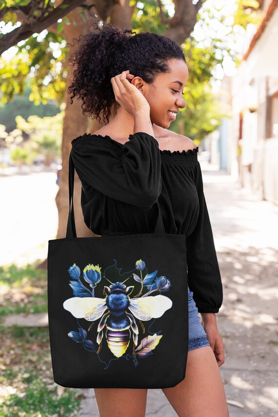 Honey Bee Art Deco Tote Bag Indigo and Gold Honey Bee Gift Tote