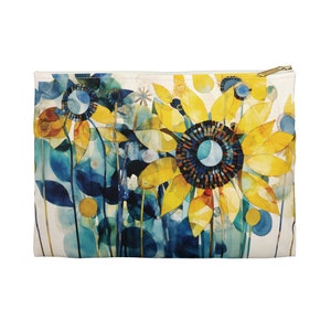 Sunflower Cosmetic Pouch Gift for Her Sunflower Collage Accessory Travel Pouch Bright Boho Floral Summer Birthday Watercolor Floral Clutch