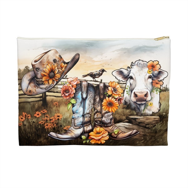 Cute Cowgirl Cosmetic Pouch Gift for Her Whimsical Cowboy Boots Hat Cow Wildflowers Accessory Travel Pouch Bag Cow Lover Gift Country Girl