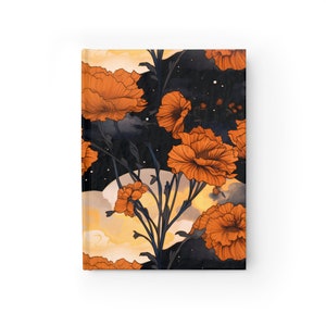 Marigold Hard Cover Journal Gift for Her October Birth Month Flower Dream Diary Gift Magical Moon Marigold Fall Floral Starry Night Sky 5x7" image 2