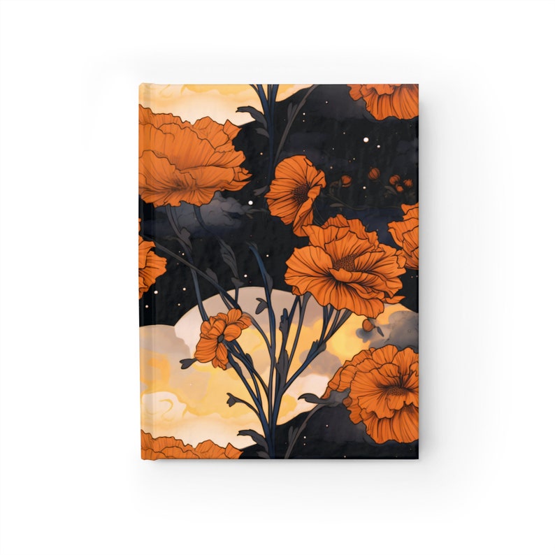 Marigold Hard Cover Journal Gift for Her October Birth Month Flower Dream Diary Gift Magical Moon Marigold Fall Floral Starry Night Sky 5x7" image 2