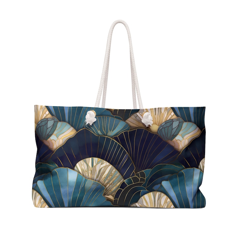 Art Deco Seashells Weekender Tote Bag Gift for Her Blue Sea Shells Large Summer Tote Beach Ocean Lovers Gift Overnight Travel Tote Beach Bag Bild 1