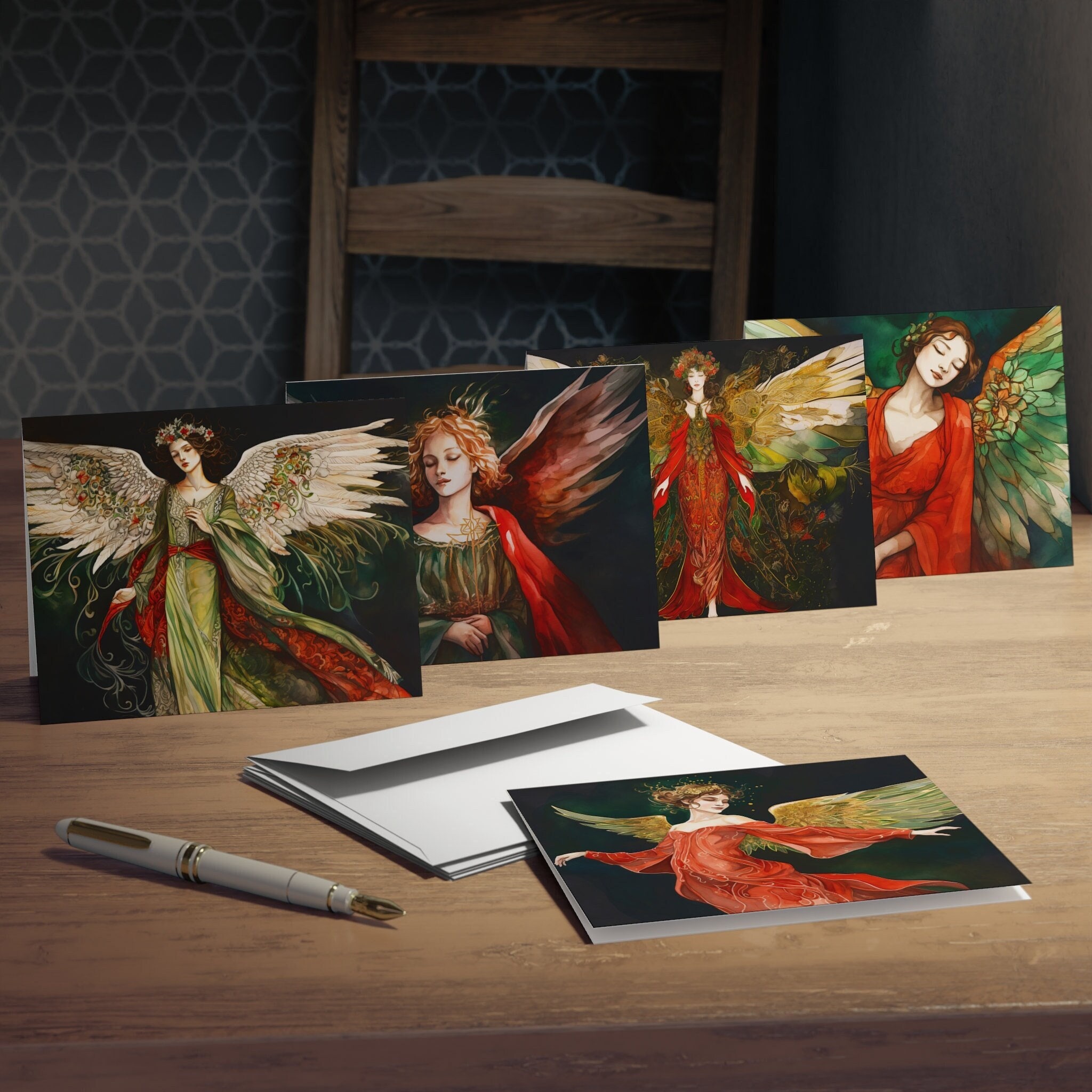 Christmas Angels Greeting Card Set of 5 Cards Art Deco Digital Watercolor Angel Cards Traditional Modern Art Angels Holiday Cards Set 2 of 2