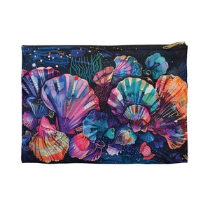 Bright Seashell Cosmetic Pouch Whimsical Summer Seashells Travel Bag Gift for Her Watercolor Shells Accessory Pouch Beach Seaside Pencil Bag