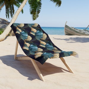 Art Deco Seashells Beach Towel Gift for Her Blue Sea Shells Large Pool Towel Beach Ocean Lovers Gift 2 Sizes Beach Towels Blue Gold Accents image 3