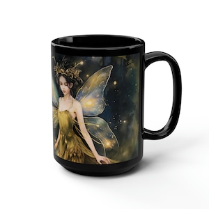 Fantasy Fairy Mug Gift Dark Academia Vintage Fae 15oz Black Mug Gift for Her Magical Fairy Black Ceramic Coffee Mug Gift Woodlands Fairycore