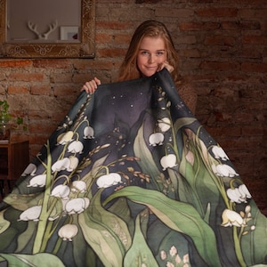 Whimsical Lily of the Valley Extra Soft Velveteen Minky Blanket Throw May Birth Month Flower Gift Dark Floral Lilies of the Valley Gift