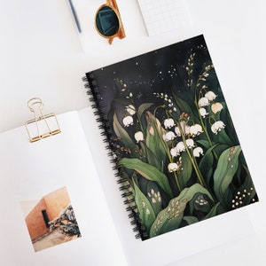 Lily of Valley Flowers Softcover Notebook Gift for Her May Birth Month Flower Spiral Journal Birthday Gift Whimsical Dark Botanical Floral