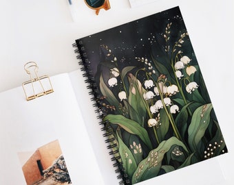 Lily of Valley Flowers Softcover Notebook Gift for Her May Birth Month Flower Spiral Journal Birthday Gift Whimsical Dark Botanical Floral
