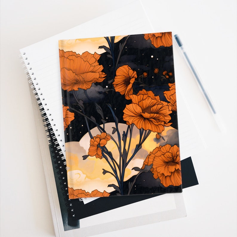 Marigold Hard Cover Journal Gift for Her October Birth Month Flower Dream Diary Gift Magical Moon Marigold Fall Floral Starry Night Sky 5x7" image 1