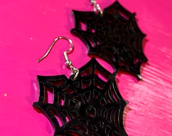 Black heart spiderweb dangle hook earrings