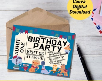 Circus Ticket - Animals -  - Birthday Party Invitation -  Instant Download - Template - Editable - Canva- kids birthday