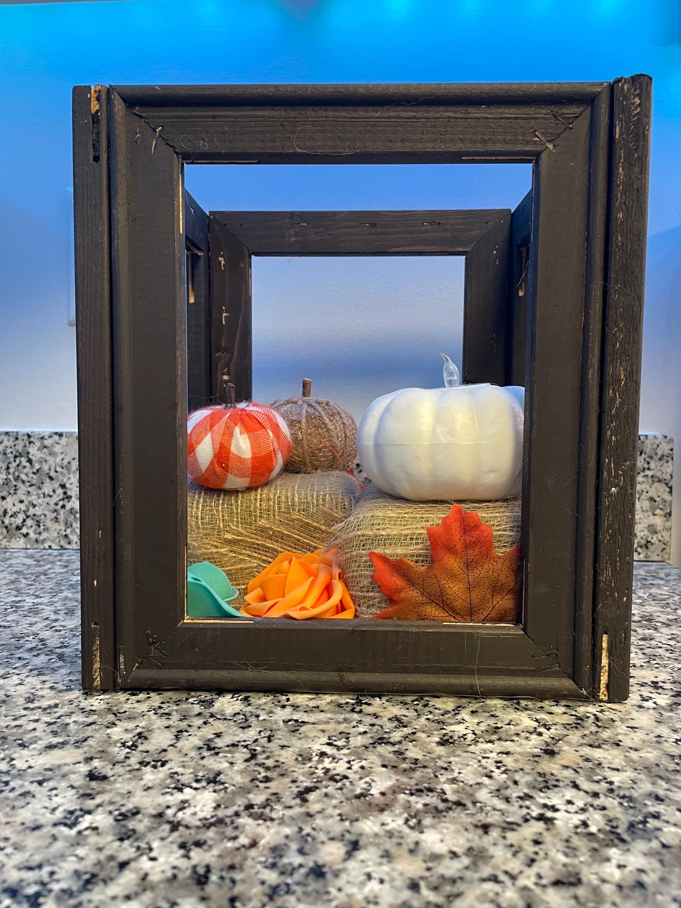 Fall Leaves and Pumpkins Centerpiece Lantern with Tangerine and Teal Flowers
