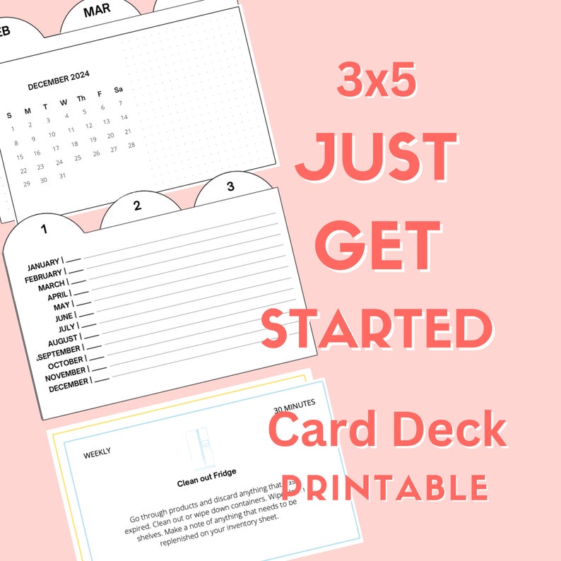 3x5 Just Get Started Card Deck, Index Card Planner, Home Management System, Cleaning Schedule image 1