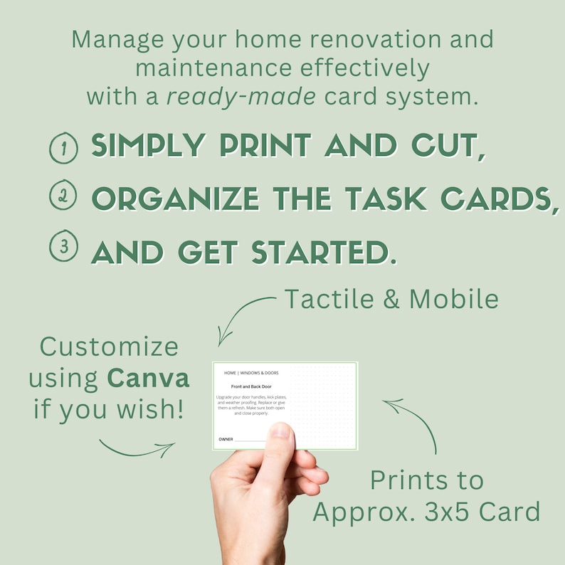 3x5 Home Renovation Task Cards, Home Maintenance Planning, Index Card Planner System image 3