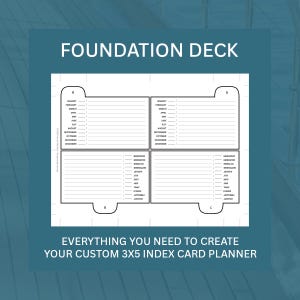May include: A Foundation Deck template for a 3x5 index card planner. The white sheet features four rectangular sections with rounded tabs labelled 5, 6, 7, and 8. Each section includes a list of months from January to December with lines.