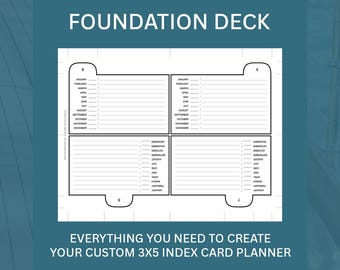 May include: A Foundation Deck template for a 3x5 index card planner. The white sheet features four rectangular sections with rounded tabs labeled 5, 6, 7, and 8. Each section includes a list of months from January to December with lines.