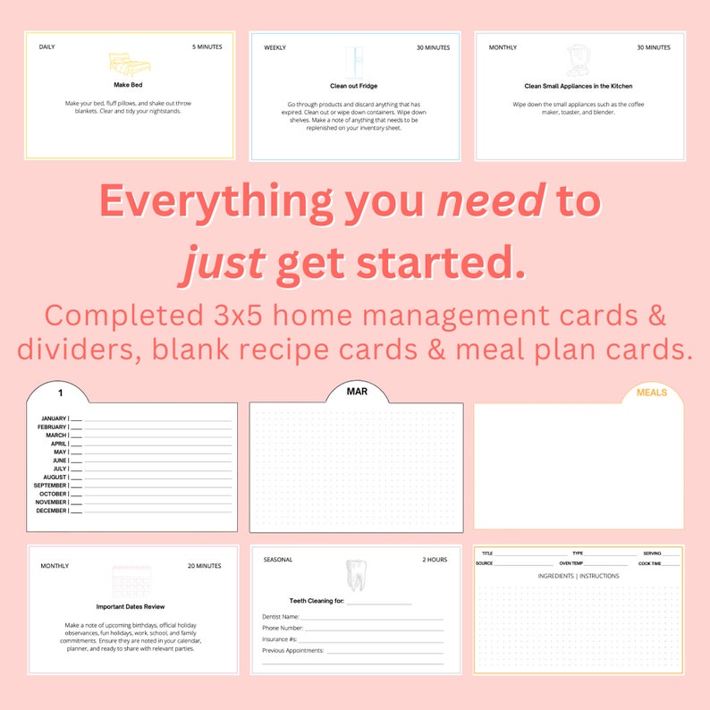 3x5 Just Get Started Card Deck, Index Card Planner, Home Management System, Cleaning Schedule image 2
