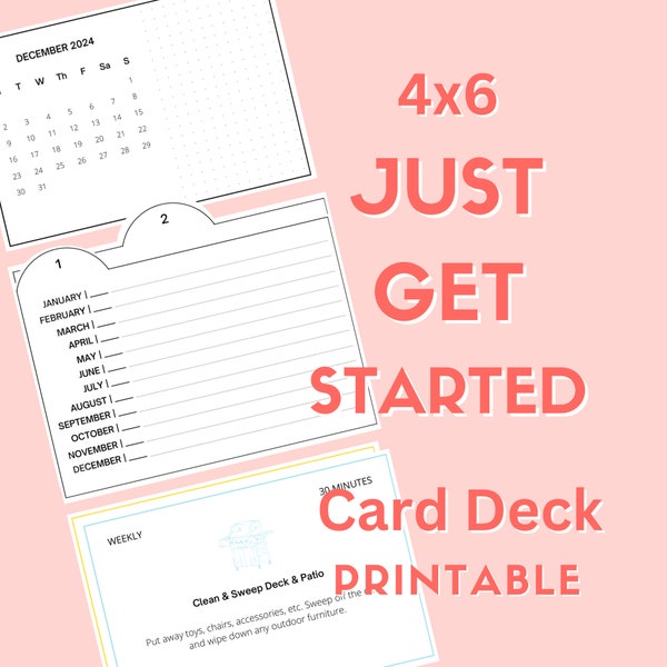 4x6 Just Get Started Card Deck, Index Card Planner, Home Management System, Cleaning Schedule