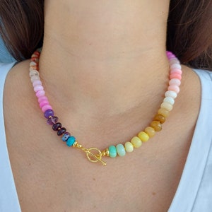 Candy gemstone necklace, handmade rainbow necklace, hand knotted opal necklace, rondelle beaded necklace, ombre necklace, Gift for her image 1