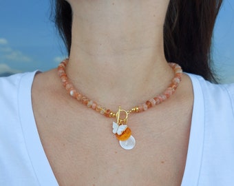 Sunstone gemstone necklace, handmade orange necklace, knotted opal necklace, rondelle beaded necklace, natural gemstone necklace