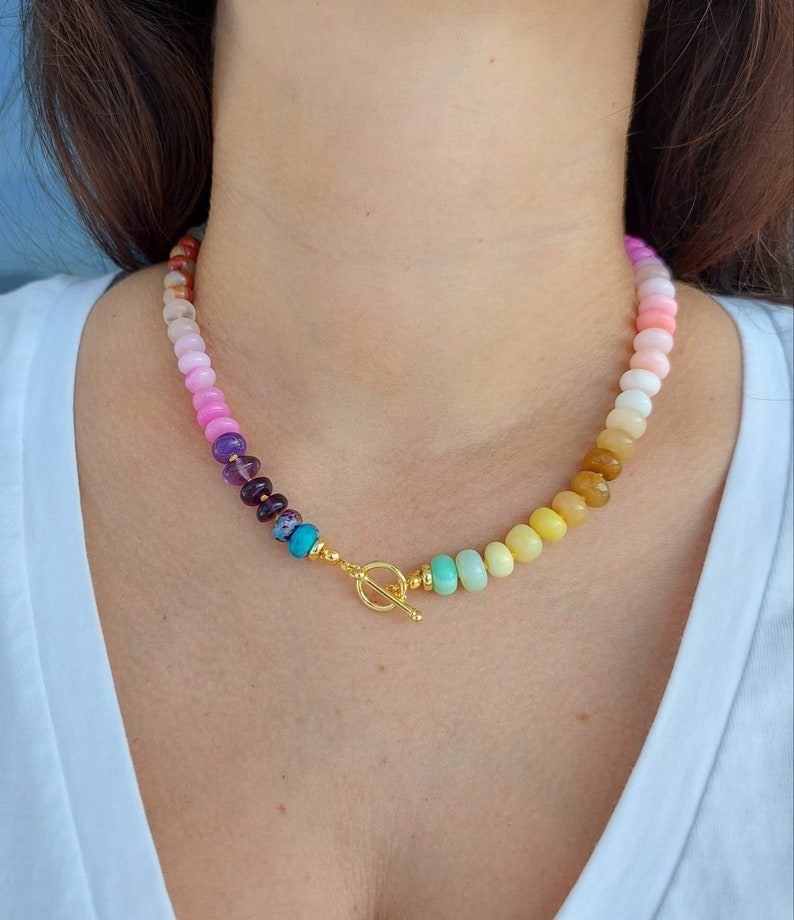 Candy gemstone necklace, handmade rainbow necklace, hand knotted opal necklace, rondelle beaded necklace, ombre necklace, Gift for her image 1