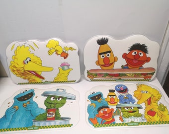 RARE vintage des années 1980, lot de 4 sets de table d'activités réutilisables recto-verso Sesame Street