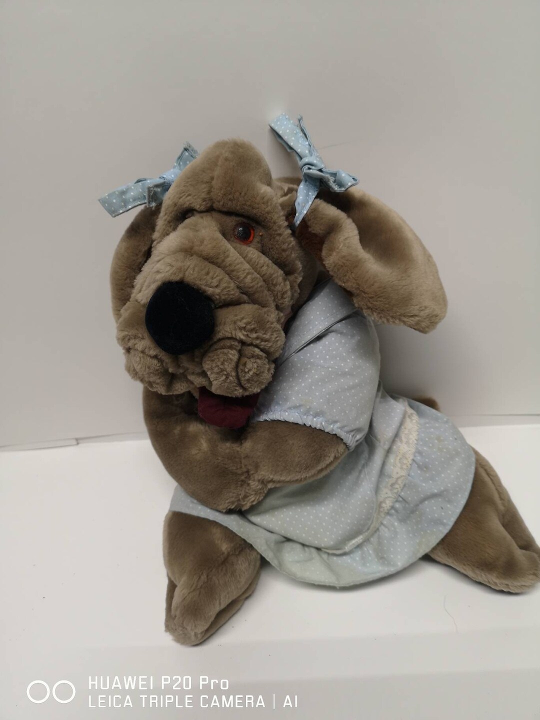 Vintage Wrinkle Dog Puppet Plush White and Blue Dress and Bows Etsy