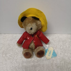 May include: A brown teddy bear wearing a red raincoat and a yellow hat. The bear is sitting on a white fluffy surface. The bear has a tag that says "Eden" on it.