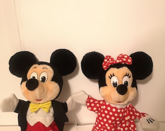 Marionetas de mano vintage de Mickey y Minnie de Walt Disney, 17", década de 1980