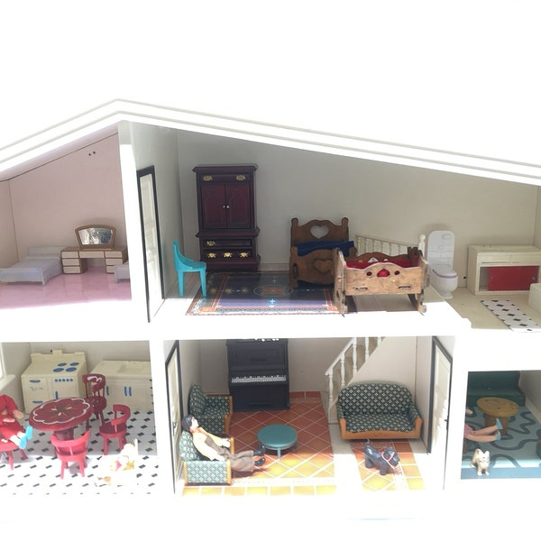 Vintage Lundby Sweden Dollhouse W/ Furniture and Family 1960s