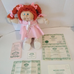 Vintage 1983 Cabbage Patch Doll Red Hair Green Eyes One Dimple Original Dress And Shoes Comes With Birth Certificate And Other Paper Work