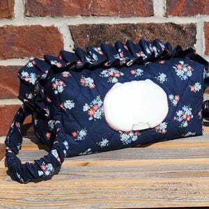 Ruffled Navy Floral Diaper and Wipes Pouch: Quilted Stroller Clutch