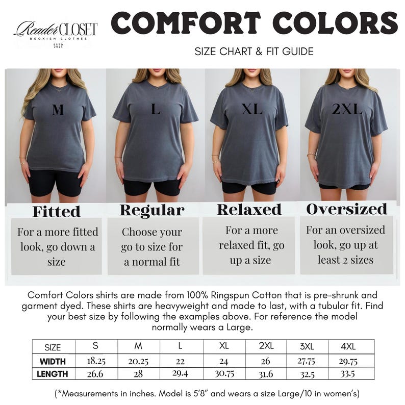 May include: Comfort Colors size chart and fit guide. The chart shows four women wearing gray t-shirts in sizes M, L, XL, and 2XL. The chart provides guidance on how to choose the right fit, including fitted, regular, relaxed, and oversized options. Measurements are in inches.