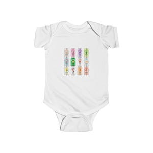 May include: White baby bodysuit with a print of twelve colorful cans of Olipop soda. The cans are arranged in three rows of four, each with a unique design and flavor name. The bodysuit is made of soft fabric.