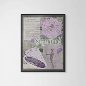 Op de afbeelding: Ingelijste kunstdruk met een collage van vintage illustraties en tekst. Het kunstwerk toont een paars spinnenwebontwerp, een duivelsfiguur en het woord "Supreme!" in het groen. De achtergrond heeft een golvend patroon.